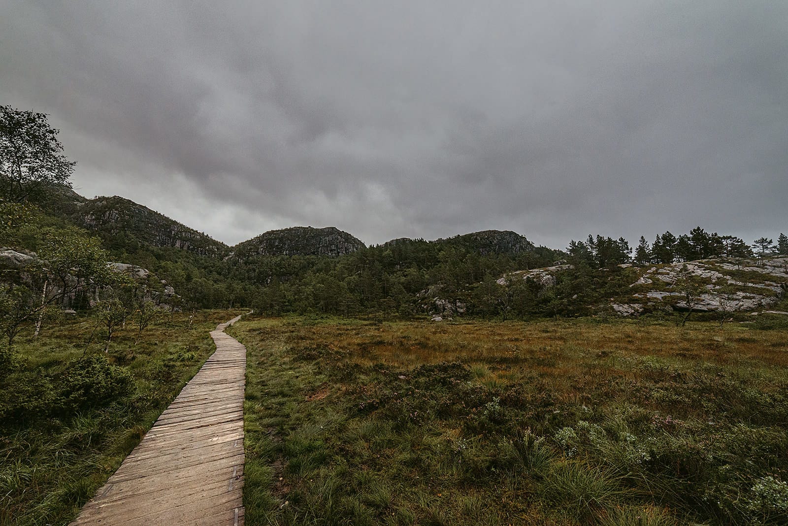 A wooden boardwalk winds through a grassy, rocky landscape under a cloudy, overcast sky, surrounded by low hills and sparse trees in Norway.